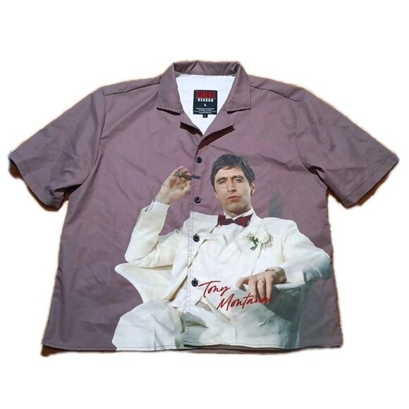 Scarface X Reason Universal Studios Shirt Tony Montana Short Sleeve Shirt Sz Lrg - Picture 1 of 5